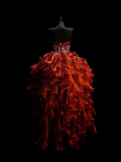 Princess Sweetheart Neck  Sequin Beaded Tulle Ruffle Tiered Long Evening Dress Red High Low Long Party Gown D4882