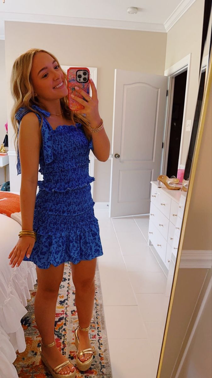 Unique Blue Spaghetti Straps Satin Print Floral Ruffle Short Homecoming Dress Birthday Dress D3331
