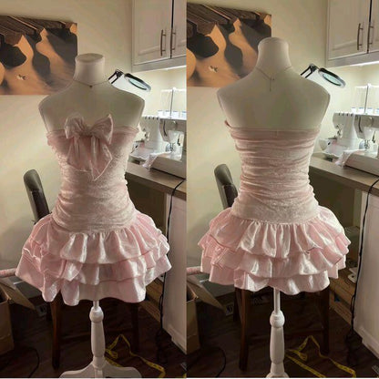 Cute Bow Strapless Satin Layered Short 7th Grade Homecoming Dress,Pink Short Party Dress D4235