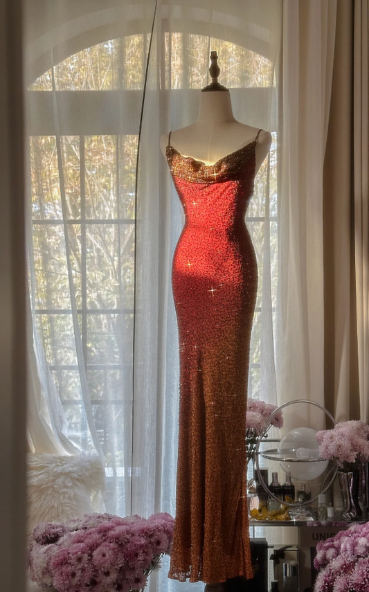 Elegant Spaghetti Straps Burgundy Chiffon Beaded Mermaid Long Party Dress Evening Gown D2095
