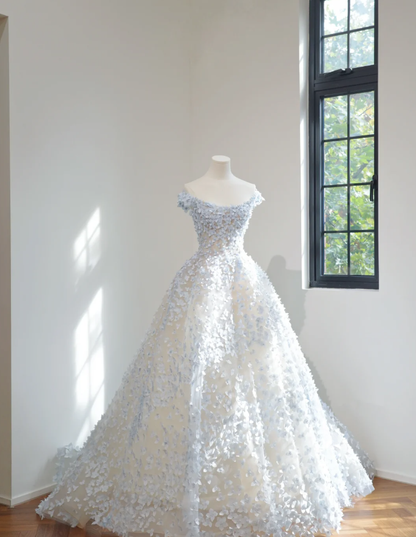 Fairy Strapless Blue Tulle 3D Flowers Beaded Ball Gown Pretty Long Wedding Dress D2158