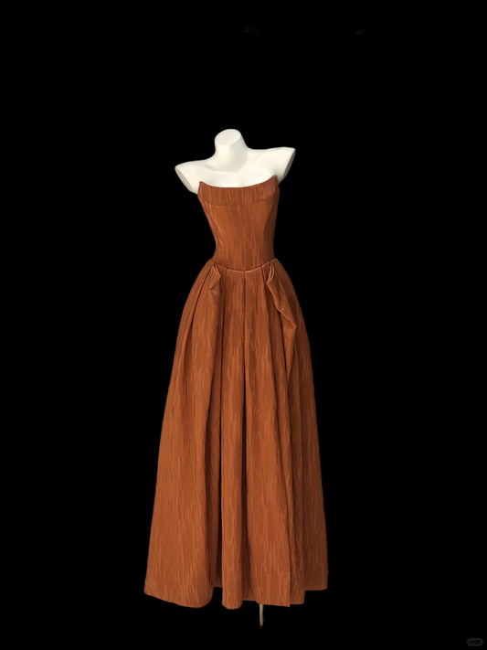 Vintage Burnt Orange Strapless Satin A Line Party Dress Long Wedding Guest Dress D2916