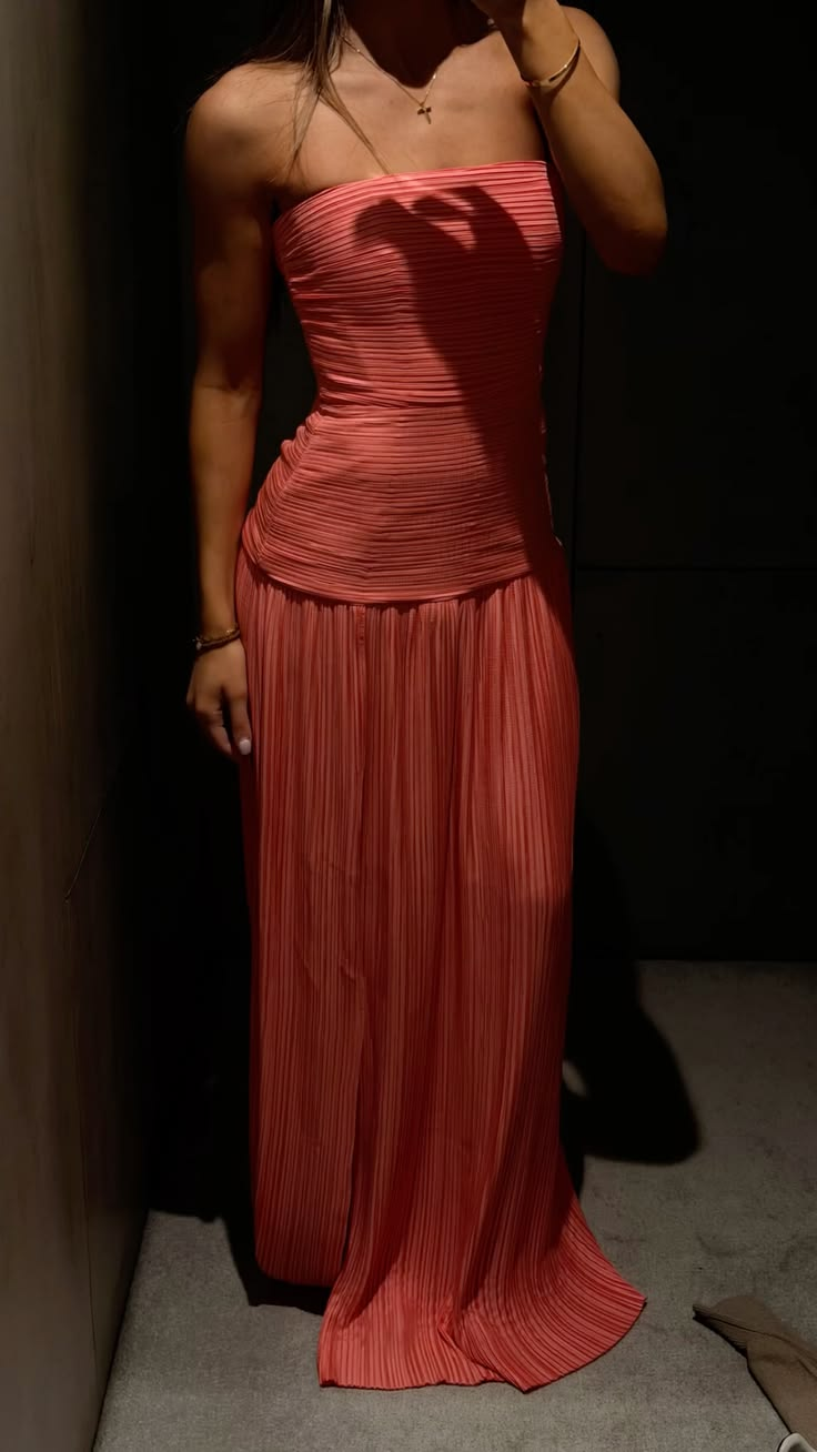 Elegant Coral Pink Strapless Long Party Dress Birthday Prom Dress D4611