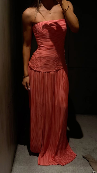 Elegant Coral Pink Strapless Long Party Dress Birthday Prom Dress D4611