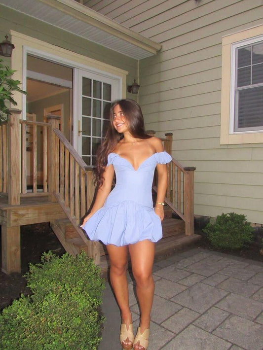 Elegant Blue Satin A Line Short 8th Grade Homecoming Dress,Off The Shoulder Mini Birthday Outfits D3460
