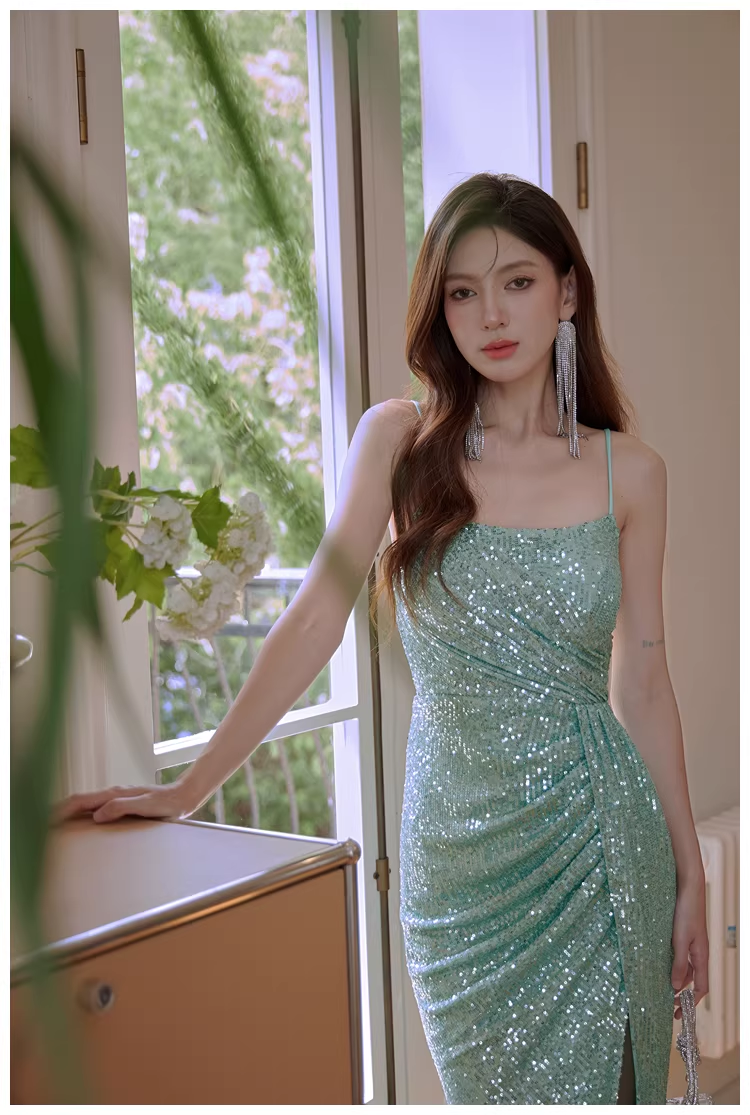 Sparkly Spaghetti Straps Mint Green Sequin Mermaid High Slit Long Prom Dress Evening Dress D2442
