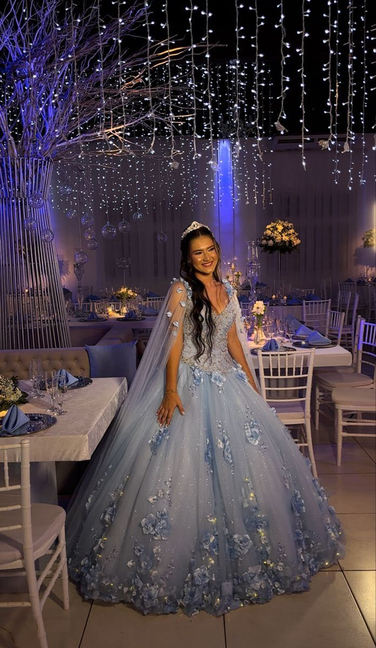 Gorgeous V Neck Blue Tulle Beaded Sequin Appliques Quinceanera Dress Sweet 16 Dress D1006