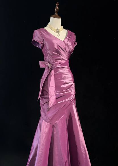 Elegant Purple V Neck Satin Pleated Mermaid Long Evening Dress Birthday Prom Dresses D2067