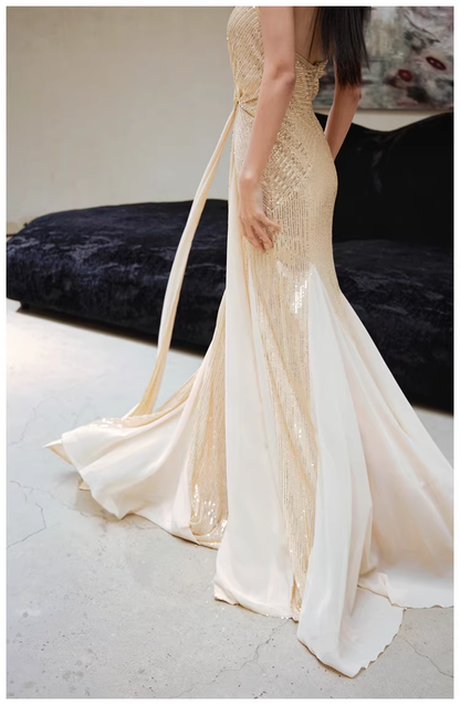 Gorgeous Halter V Neck Champagne Gold Sequin Mermaid Long Evening Dress Formal Birthday Outfits D2424