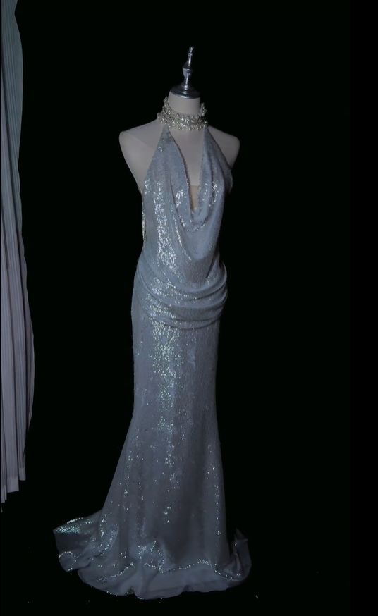 Glamorous Silver Sequin Tassel Mermaid Long Evening Dress Halter Backless Party Dress D5167