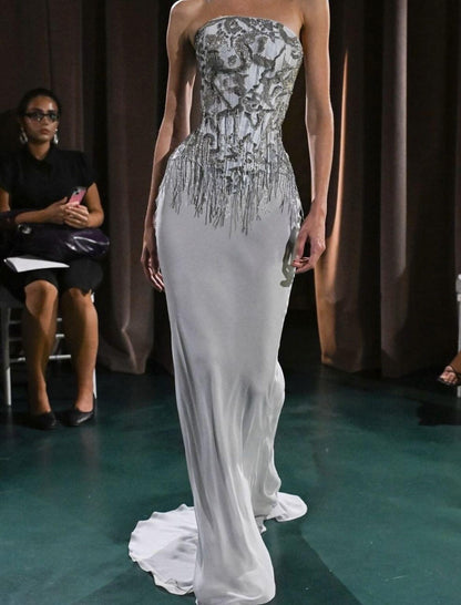Elegant Strapless Silver Grey Chiffon Beaded Tassel Mermaid Prom Dress Long Evening Dress D5177