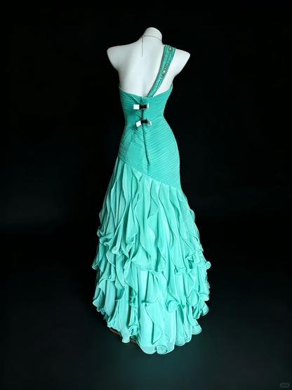 Classy Cyan Satin Pleated Chiffon Ruffle Long Evening Dress One Shoulder Mermaid Birthday Party Dress D5290