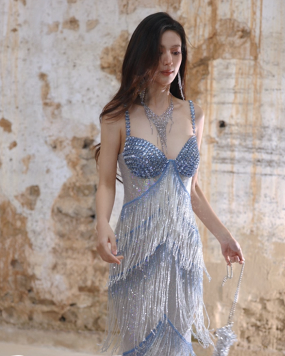 Glitter Spaghetti Straps Sequin Beaded Mermaid Long Evening Dress Birthday Prom Dress With Tassel D2407