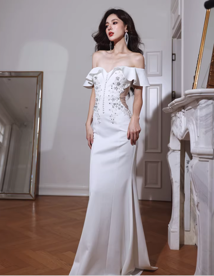 Elegant Off The Shoulder White Satin Appliques Mermaid Evening Dress Long Wedding Guest Dress D2430