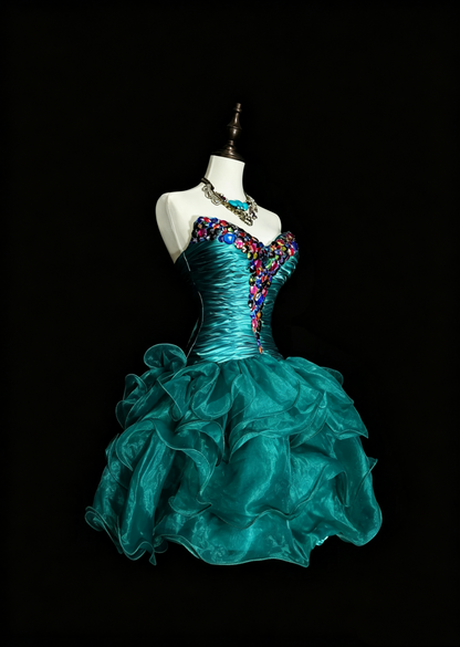 Retro Strapless Satin Tulle BEaded A Line Mini Birthday Prom Gown,Lake Green Short 9th Grade Homecoming Dress D4075