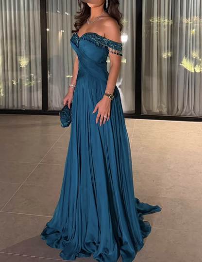 Charming Blue Chiffon Pleated Beaded Long Evening Dress,Off The Shoulder Long Birthday Prom Dress D4946