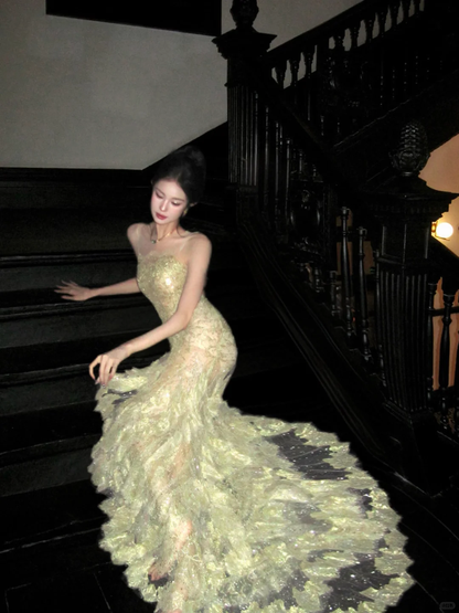 Beautiful Green Tulle Lace Sequin Mermaid Long Party Dress Backless Evening Dress D5082
