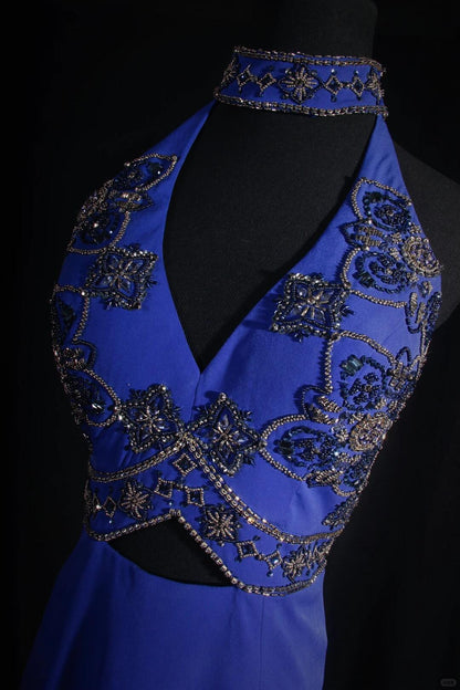 Sexy Halter Blue Satin Beaded Sheath Cocktail Dress Short 6th Grade Homecoming Dress D3326