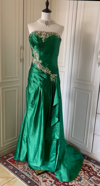 Fashion Green Strapless Satin Pleated Beaded Long Evening Dress Prom Dress D3108
