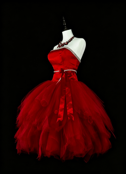 Gorgeous Red Strapless Satin Tulle Beaded A Line Short 8th Grade Homecoming Dress,Short Birthday Party Dress D4057