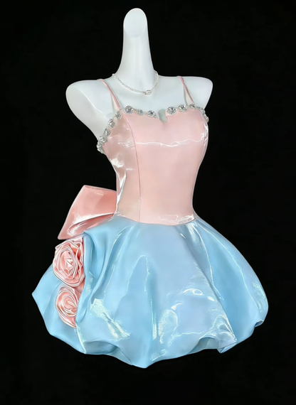 Unique Spaghetti Straps Satin Beaded 3D Floral A Line Short Prom Dress,Formal Graduation Homecoming Dress D4194