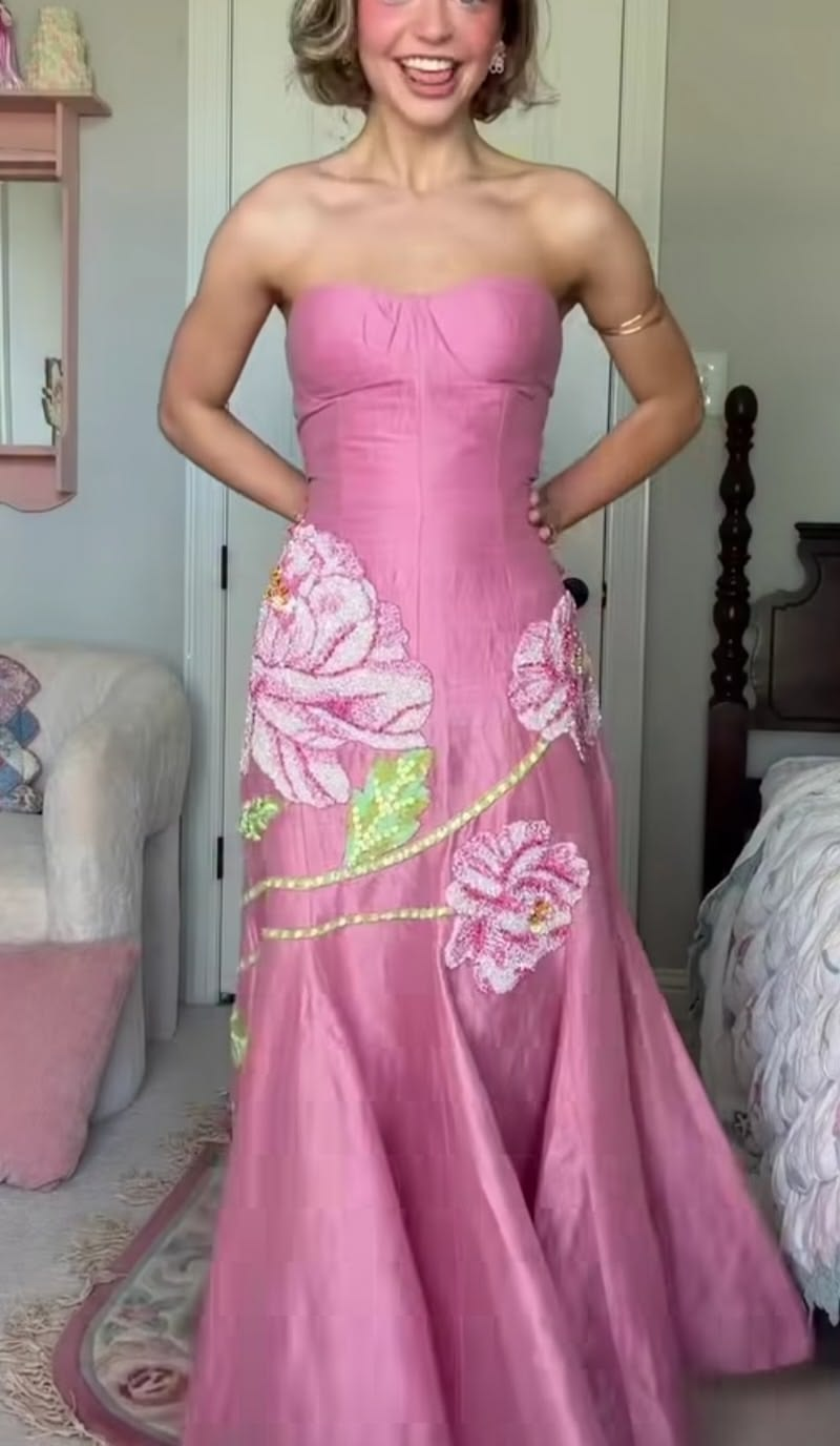 Charming Pink Satin Floral Mermaid Long Evening Dress Strapless Long Wedding Guest Dress D4395