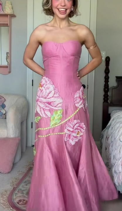 Charming Pink Satin Floral Mermaid Long Evening Dress Strapless Long Wedding Guest Dress D4395
