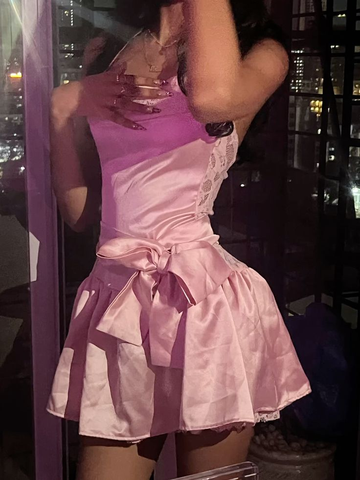 Cute Pink Satin Lace Short Graduation Homecoming Dress Halter Mini Party Dress D4655