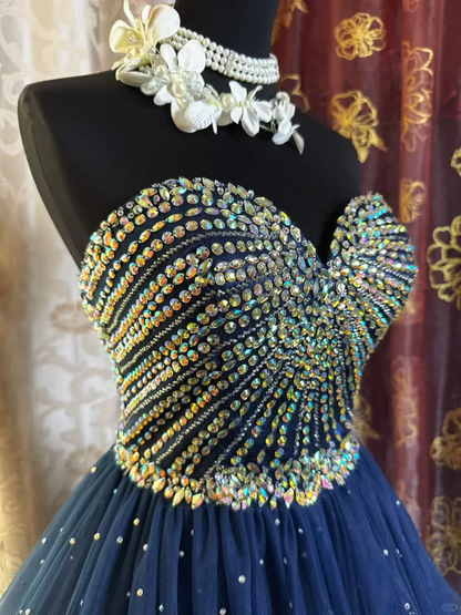 Sparkly Sweetheart Neck Blue Tulle Beaded A Line Short Prom Dress Formal Homecoming Dress D316