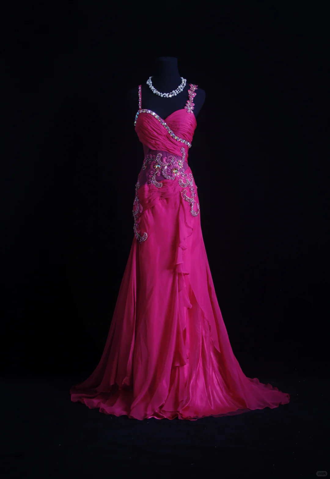 Classy Spaghetti Straps Satin Chiffon Beaded Long Party Dress Hot Pink Mermaid Prom Gown D2857