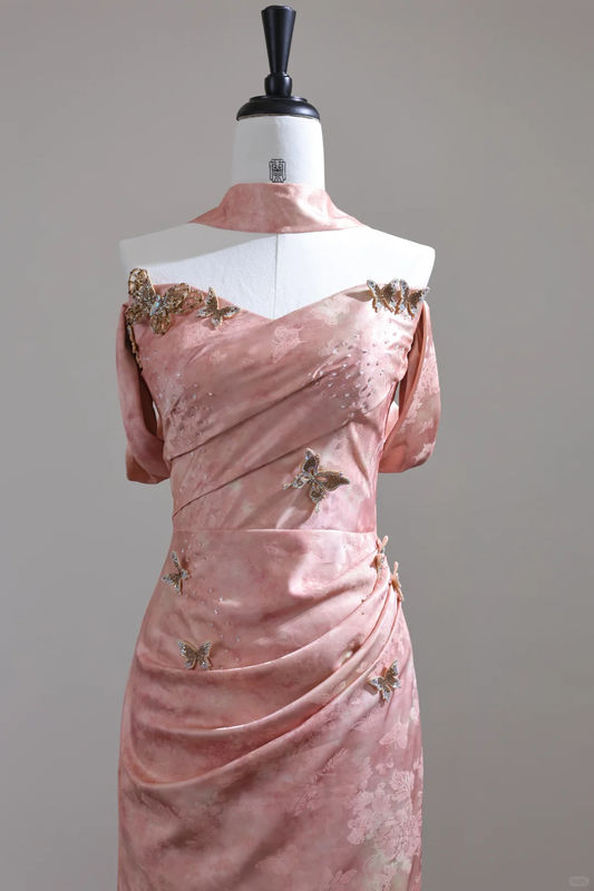 Elegant Off The Shoulder Satin Print Floral Mermaid Evening Dress,Pink Long Party Dress D3131
