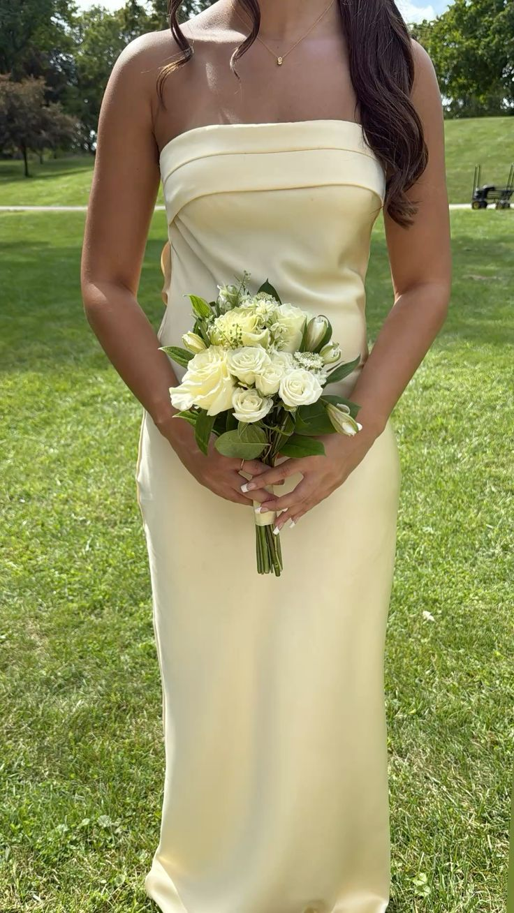 Pretty Yellow Strapless Satin Long Bridesmaid Dress Formal Party Dress D1118