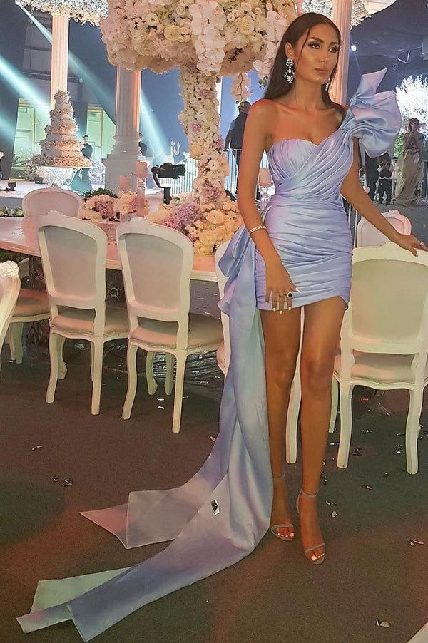 Unique One Shoulder Satin Pleated Sheath Cocktail Dress Short 6th Grade Homecoming Dress D3567