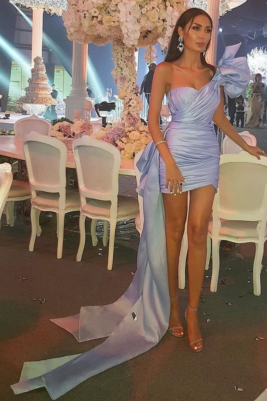 Unique One Shoulder Satin Pleated Sheath Cocktail Dress Short 6th Grade Homecoming Dress D3567