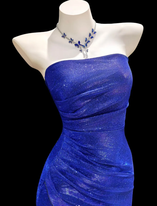 Shiny Strapless Royal Blue Satin Sequin Slit Mermaid Evening Dress Long Party Gown D2333