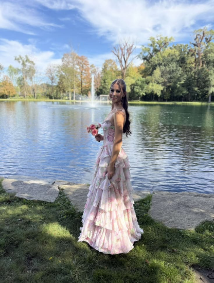 Charming Chiffon Print Floral Ruffles Layered Long Party Dress Pink Slit Long Evening Gowns With Beads D5040