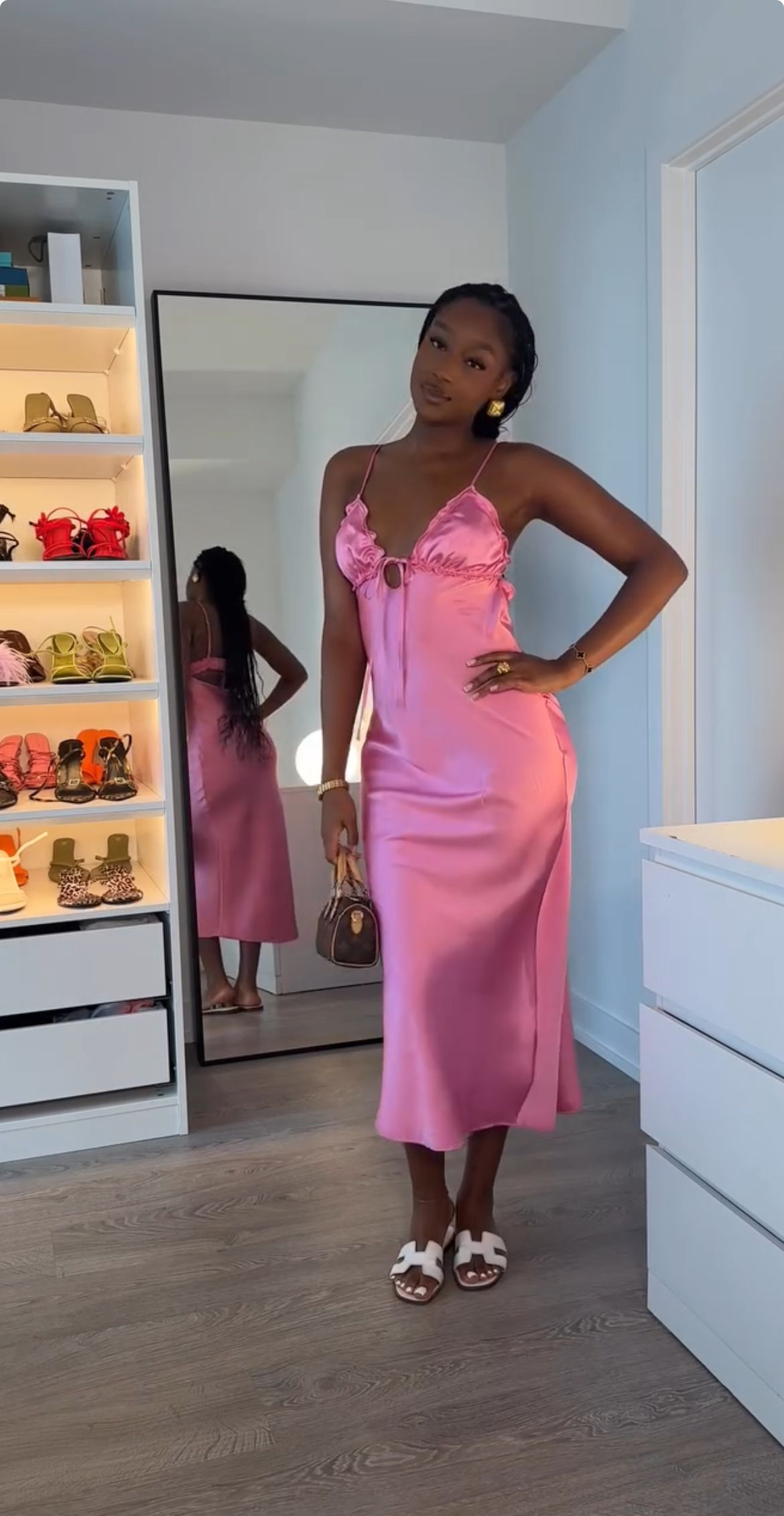 Sexy Spaghetti Straps Satin Long Wedding Guest Dress,Hot Pink Backless Long Party Dress D3486
