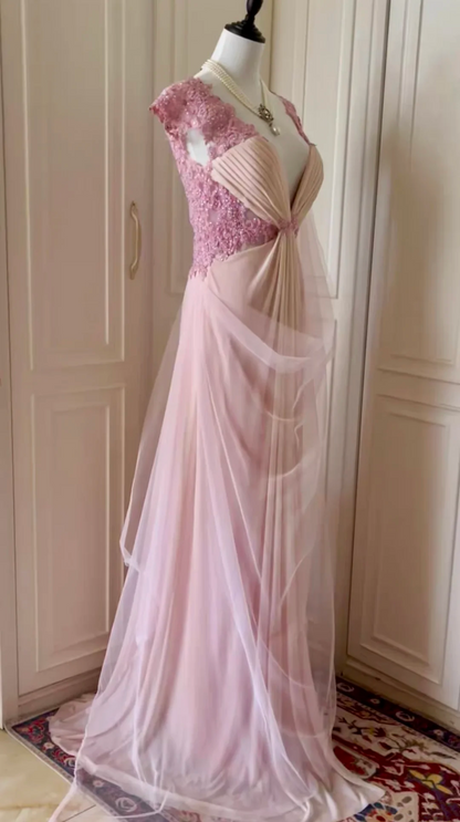 Charming V Neck Chiffon Lace Appliques Beaded Mermaid Long Evening Dress,Pink Party Gown D3094