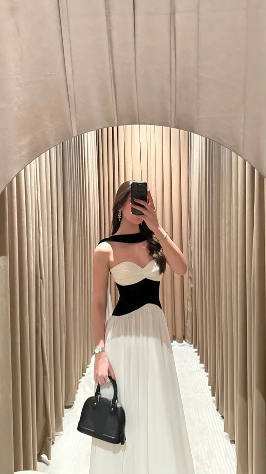 Classy Sweetheart Neck White Chiffon A Line Long Party Dress Birthday Prom Gown With Ribbon D1296