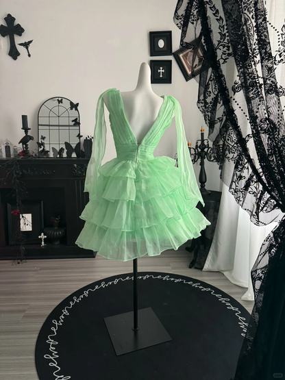 Classy Mint Green V Neck Tulle Layered Short Homecoming Dress,Mini 20th Birthday Outfits D3701
