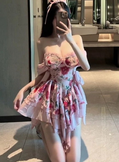 Beautiful Off The Shoulder Chiffon Floral Pink Short Homecoming Dress 18th Birthday Outfits D571