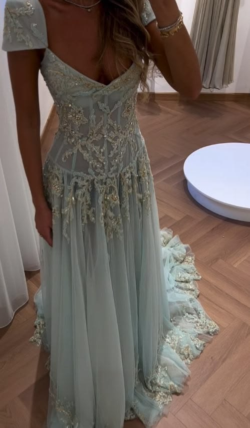 Glamorous Beaded Tulle Sequin Mermaid Long Prom Dress Ice Blue Long Party Dress D4623