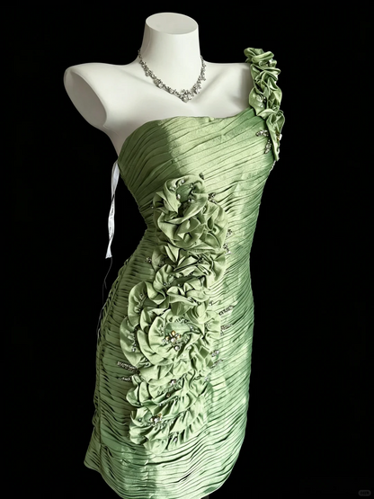 Stylish Green Satin Pleated Beaded Short Homecoming Dress One Shoulder Short Cocktail Dress D5264