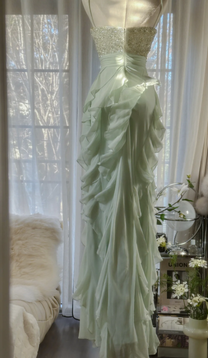 Glamorous Spaghetti Straps Green Beaded Chiffon Ruffles Long Party Dress Evening Gown D1792