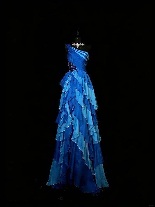 Vintage One Shoulder Chiffon Blue 1950s With Layers Long Prom Dresses Party Dress D4272