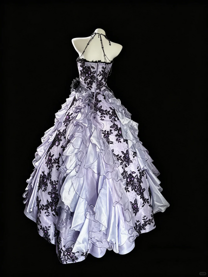 Pretty Halter Tulle Ruffles Appliques Sweet 16 Dress Purple Birthday Quinceanera Dress D5285