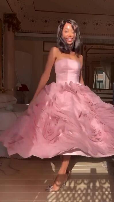 Glamorous Pink Tulle 3D Floral A Line Long Party Dress Strapless Long Evening Dress D4294