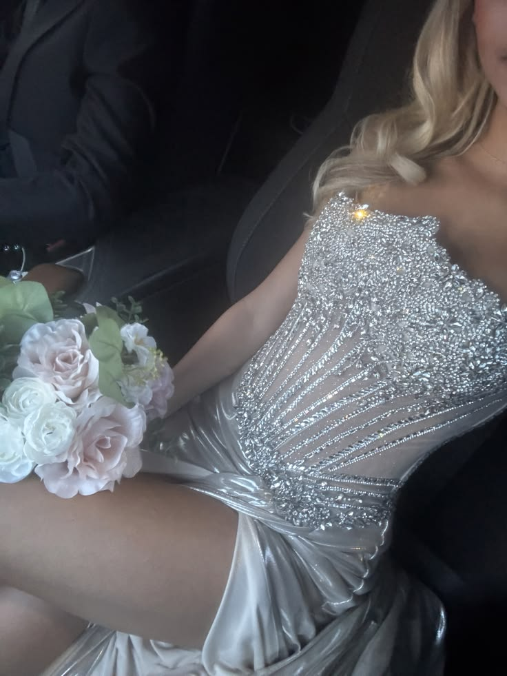 Fashion Strapless Satin Beaded High Slit Mermaid Long Party Dress Silver Long Birthday Evening Dress D4739