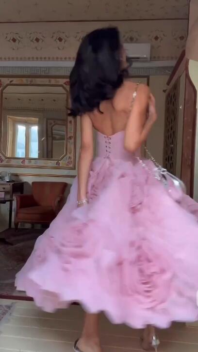 Glamorous Pink Tulle 3D Floral A Line Long Party Dress Strapless Long Evening Dress D4294