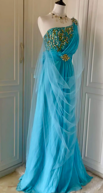 Stylish One Shoulder Blue Satin Tulle Beaded Mermaid Long Prom Dress Evening Dress D3093